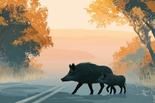 Wild boars crossing a peaceful road during sunrise, surrounded by vibrant autumn foliage - Powered by Adobe