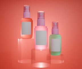 Vibrant Pastel Cosmetic Spray Bottles on Clear Glass Podium Mockup.