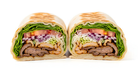 Delicious grilled chicken wrap with fresh vegetables on white background