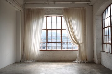 Airy room with large window and sheer curtains revealing cityscape.