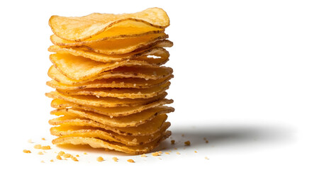Stack of crispy potato chips on a white background