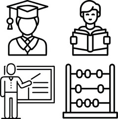 WebSet of Four Educational Personnel and Tools Icons: Graduate in Cap and Gown, Student Reading Book, Teacher Presenting on Whiteboard, and Abacus for Learning, Instruction, and Mathematics.