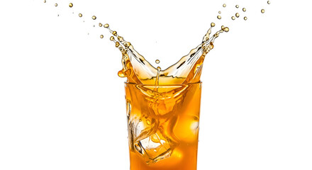 Refreshing splash of iced tea in a glass with ice cubes