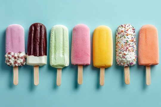 Colorful ice cream pops arranged in a row against a light blue background during a summer day