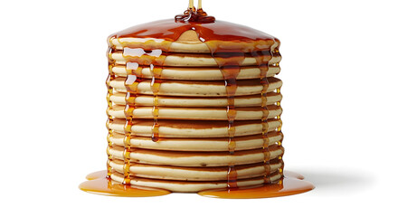 Tall stack of pancakes with syrup drizzling down