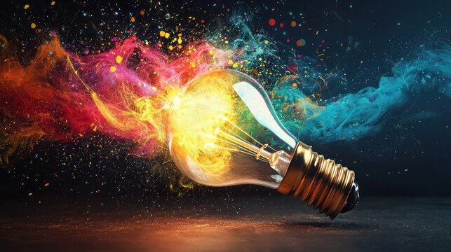 A glowing light bulb emitting a fiery orange glow against a dark background with colorful smoke or flames.