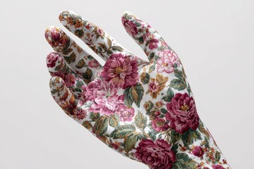 Fototapeta premium Floral hand design showcases vibrant patterns on a raised hand against a neutral backdrop in a creative art piece
