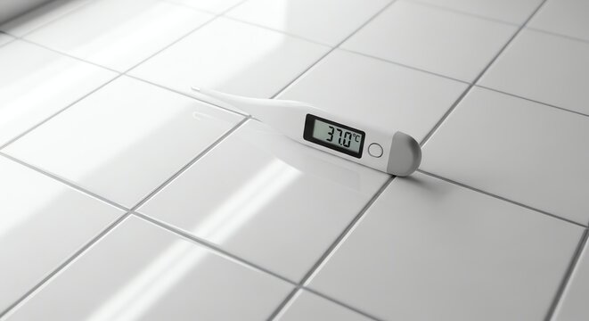 White Digital Thermometer Displaying 37.0?C on Clean Tiled Surface
