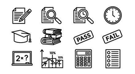 Educational Icons Set - Exam, Learning, and Academic Achievement Symbols.