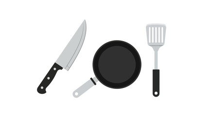 Kitchen Utensils - Knife, Frying Pan, and Slotted Spatula Illustration.