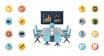 Conference Room with Data Presentation and Meeting Setup.