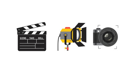 Film Production Equipment - Clapperboard, Lighting, and Camera for Filmmaking.