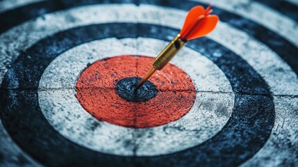 A red dart with a gold tip is stuck in the center of a black and white target with a red bullseye.