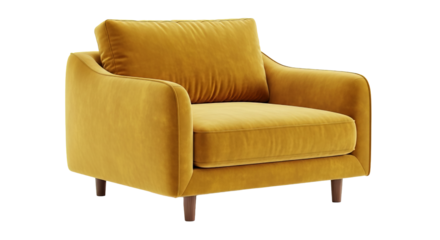Modern mustard yellow velvet armchair with a cushion perfect for living rooms offices and stylish interior design projects on transparent background