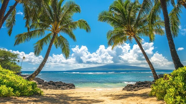 Two palm trees and a beach with a clear blue sky and white clouds.