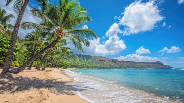 A serene beach scene with palm trees, blue water, and a clear blue sky.