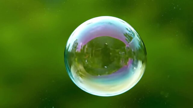 Macro view of iridescent soap bubbles gently floating and merging against a soft, blurred natural background. Capturing the delicate, reflective surfaces and vibrant colors of bubbles in a serene,?