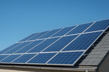 Solar Panels on Rooftop Generating Renewable Energy Against Blue Sky, Sustainable Power, Clean Electricity.