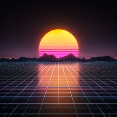 Retro futuristic landscape with sun and grid, perfect for synthwave aesthetics