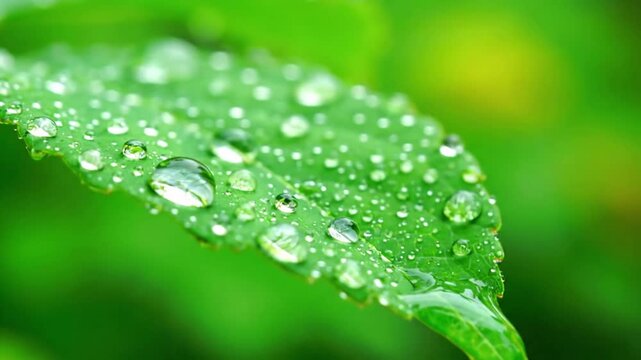 Intricate surface tension capturing sunlight on a vibrant green leaf, showcasing the delicate balance of nature's microscopic world. Close up, emphasizing the spherical perfection and clarity of?