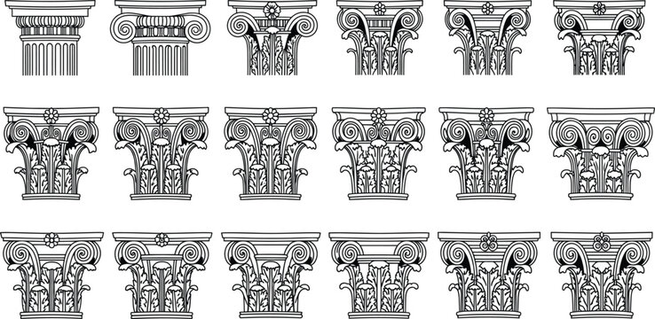 Classical Architectural Column Capital Line Art Vector Icon Collection Set Illustrating Detailed Corinthian, Ionic, and Doric Styles for History, Building, and Design Concepts