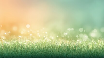Obraz premium A serene gradient background featuring lush green grass with soft bokeh effects, a tranquil and natural atmosphere, floral rainbow background