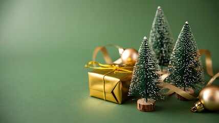 Christmas still life with miniature snowy trees, gold wrapped gift box and festive ornaments on elegant green background