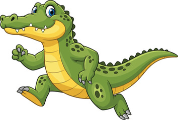 Fototapeta premium Cheerful cartoon crocodile running with big blue eyes and smile, playful green reptile character, animated children’s vector illustration