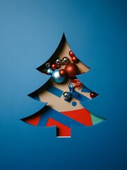 Christmas tree cutout design revealing colorful ornaments, baubles, and geometric shapes inside a modern minimal blue holiday background