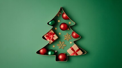 Christmas tree–shaped cutout filled with red and green ornaments, gold snowflakes, stars, and wrapped gift boxes on a festive green background