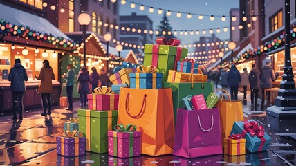 Colorful holiday shopping scene with gift boxes and bags stacked in the foreground at a festive Christmas market decorated with lights and snow