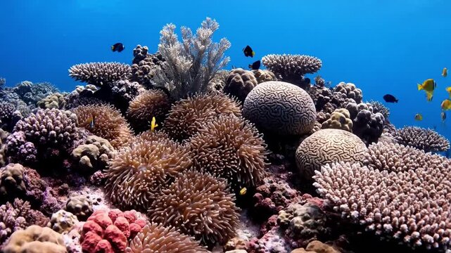 Vibrant reef ecosystem teeming with diverse marine flora and fauna, showcasing intricate coral structures and a kaleidoscope of colors. Wide shot, exploring the full breadth and depth of a healthy?