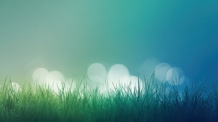 A serene background featuring soft green grass with a gradient blue backdrop and blurred light spots, a tranquil atmosphere, floral rainbow background