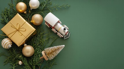 Festive Christmas flat lay with golden gift box, baubles, evergreen branches, decorative toy train, and miniature tree on green background