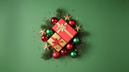 Festive Christmas arrangement with red and gold gift boxes, baubles, evergreen branches, and golden stars on a clean green background