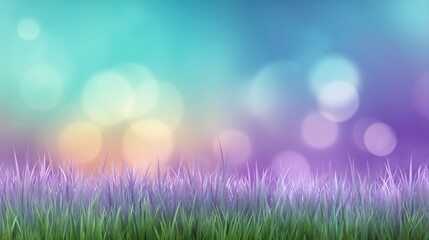 Obraz premium A vibrant, abstract background featuring green grass with a colorful, blurred gradient of teal and purple hues, floral rainbow background