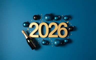 Golden 2026 numbers surrounded by blue and black Christmas baubles, golden stars, and a champagne bottle on an elegant dark teal background