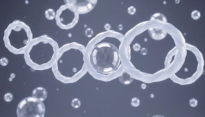 Floating twisted balloon rings and spheres in translucent material, arranged in dynamic 3D composition, futuristic design aesthetic