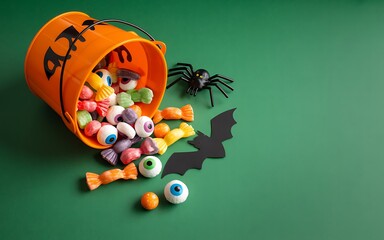 Halloween candy spill with orange pumpkin bucket, colorful sweets, gummy eyeballs, black spider and bat decorations on a green background
