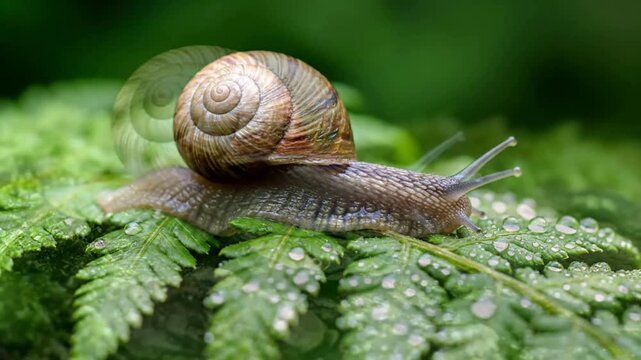 Macro perspective of a common garden snail slowly traversing a vibrant green leaf, leaving a glistening trail. Capturing the intricate details of its shell and tentacles as it navigates the?
