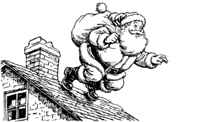 hand drawn cartoon Santa sneaking across snowy rooftop carrying gift sack in festive Christmas holiday illustration isolated on white background