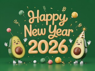 Happy New Year 2026 celebration with cute cartoon avocado characters, glossy golden typography, balloons, and festive confetti on green background