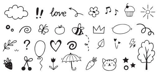 Line cute element set. Hand-drawn scribble heart, arrow, flower, and star elements for a cute, simple line background. Doodle sketch heart, star, cloud sticker shapes. Vector illustration 
