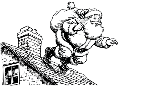 hand drawn cartoon Santa sneaking across snowy rooftop carrying gift sack in festive Christmas holiday illustration isolated on white background - Powered by Adobe