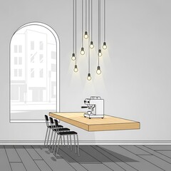 Minimalist Cafe Interior with Espresso Machine and Pendant Lights.