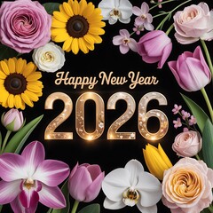 Happy New Year 2026 greeting with glowing gold numbers surrounded by colorful floral arrangement featuring orchid, tulip, rose, and sunflower