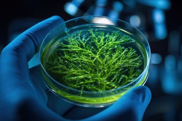 Bright green algae growth observed in petri dish during laboratory experiment with blue lighting