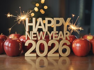 Happy new year 2026 greeting with golden 3D text, glowing sparklers and fresh red apples arranged on a wooden festive table