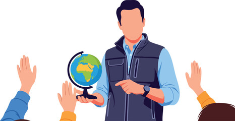 Minimalist Vector Illustration of Man Presenting Globe with Hands in Modern Style for Education and Environmental Campaigns