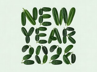 New Year 2026 greeting created with fresh green leaves arranged as natural typography on a clean minimal light background